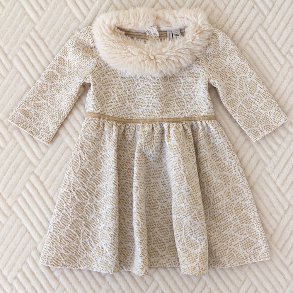 Janie and Jack Girls 2T Cream Gold Floral Jacquard Faux Fur Collar Holiday Dress